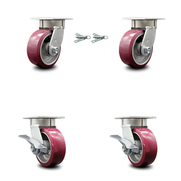 5 Inch Kingpinless Poly on Aluminum Wheel Caster Swivel Locks 2 Brakes SCC, 2PK